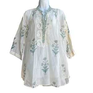 Amaya Floral Embroidered 100% Silk Tunic Top Coverup Side Slits 42 Ivory Boho